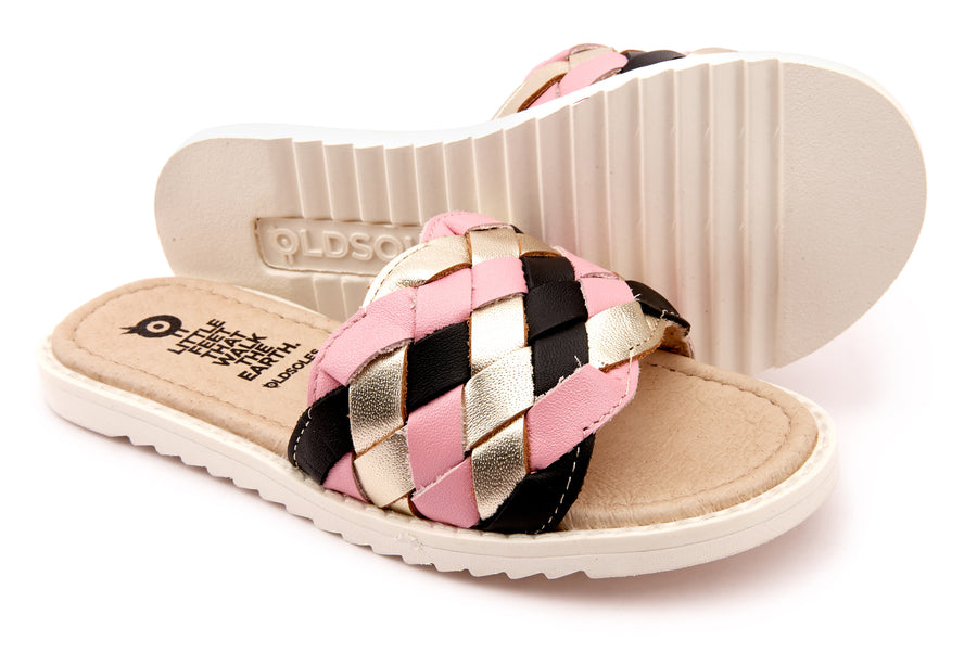 Old Soles Girl's 7032 Monarco Slide Sliders - Black/Gold/Pearlised Pink
