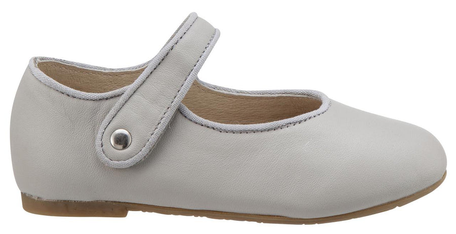 Old Soles Girl's 803 Lady Jane Light Grey Leather Hook and Loop Decorative Button Mary Jane Flat Shoe