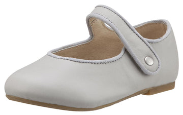 Old Soles Girl's 803 Lady Jane Light Grey Leather Hook and Loop Decorative Button Mary Jane Flat Shoe