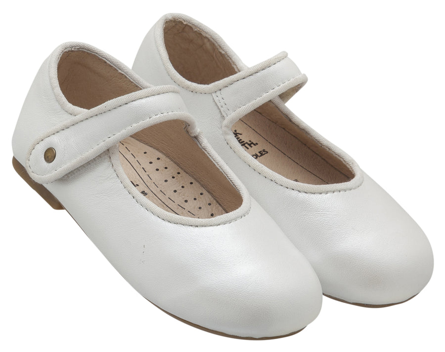 Old Soles Girl's 803 Lady Jane Nacardo Blanco Leather Hook and Loop Decorative Button Mary Jane Flat Shoe