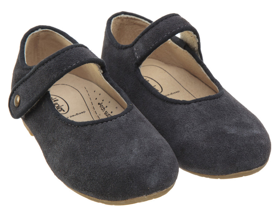 Old Soles Girl's 803 Lady Jane Navy Suede Leather Hook and Loop Decorative Button Mary Jane Flat Shoe