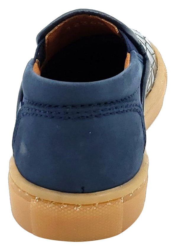 Atlanta Mocassin Girl's and Boy's Blue Embossed Leather Sneakers, Navy Blue/Gold