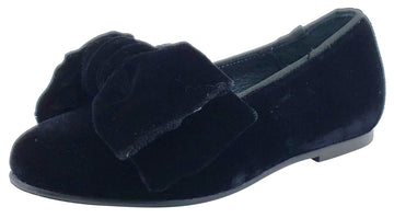 BluBlonc Girl's Black Velvet Bow Flat Shoe