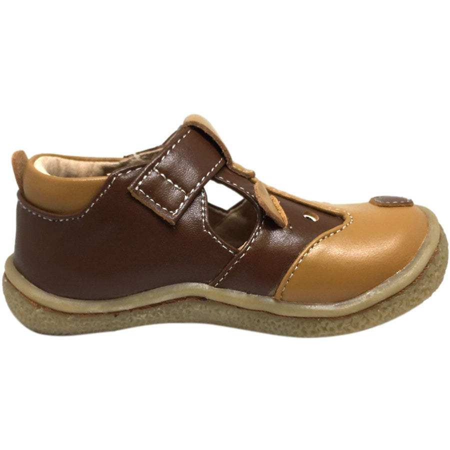 Livie & Luca Boy's and Girl's Badger Leather T Strap Hook and Loop Shoes Brown