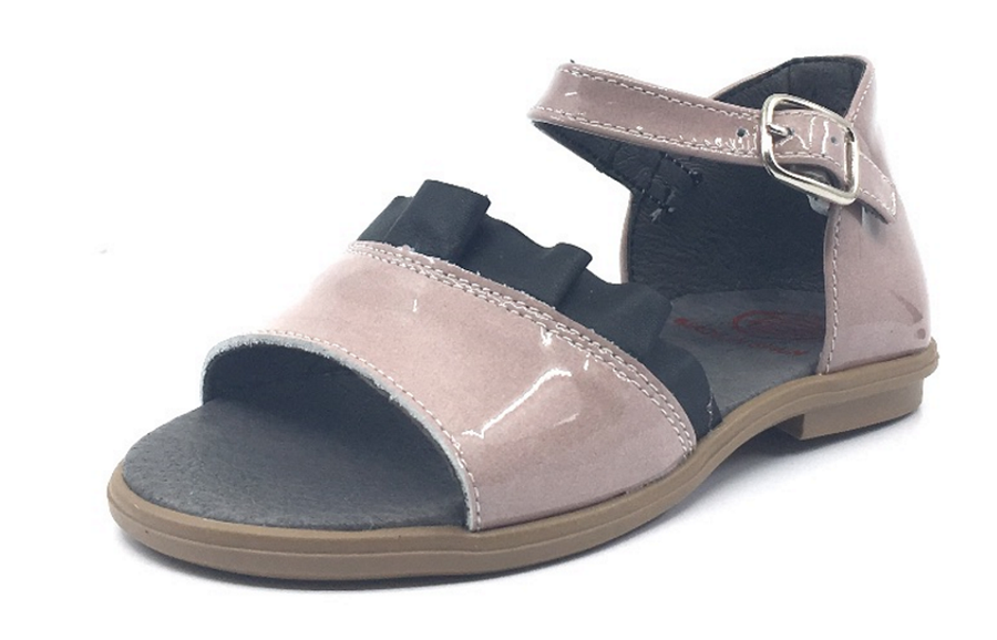 BluBlonc Girl's Rose Pink Patent Leather with Black Ruffle Sandal Flat