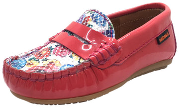 Andago by Venettini Girl's Brave Bright Pink Coral Patent Leather Floral Print Upper Slip On Moccasin Loafer