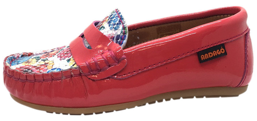 Andago by Venettini Girl's Brave Bright Pink Coral Patent Leather Floral Print Upper Slip On Moccasin Loafer
