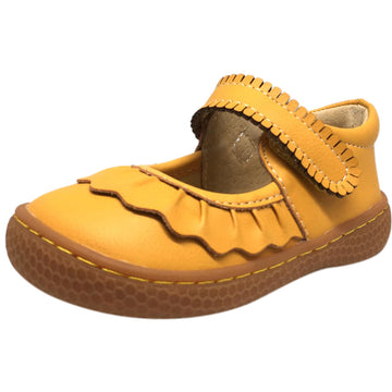 Livie & Luca Girl's Ruche Ruffled Leather Hook and Loop Mary Jane Shoe Butterscotch - Just Shoes for Kids
 - 1