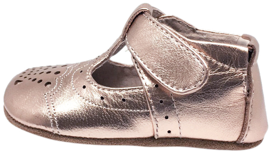 Livie & Luca Girl's Cora Metallic Leather T-Strap Hook and Loop Mary Jane Shoes Rose Gold