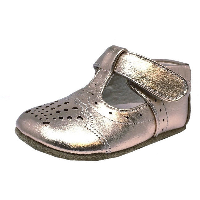 Livie & Luca Girl's Cora Metallic Leather T-Strap Hook and Loop Mary Jane Shoes Rose Gold
