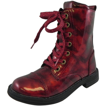Umi Girl's Stomp Patent Leather Lace Up Zipper Closure Ankle Combat Boots Cherry - Just Shoes for Kids
 - 1