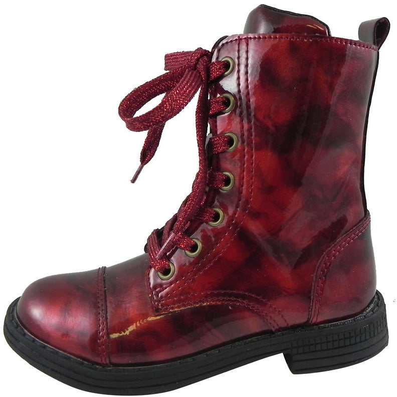 Umi Girl's Stomp Patent Leather Lace Up Zipper Closure Ankle Combat Boots Cherry - Just Shoes for Kids
 - 2