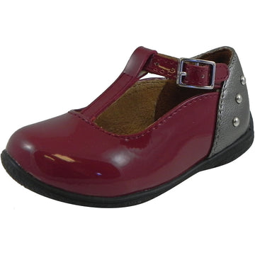 Umi Girl's Patent Leather T-Strap Studded Mary Jane Flats Burgundy - Just Shoes for Kids
 - 1