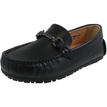 Umi Boy's Ira Leather Classic Slip On Oxford Hardware Detail Loafer Shoes Black - Just Shoes for Kids
 - 1