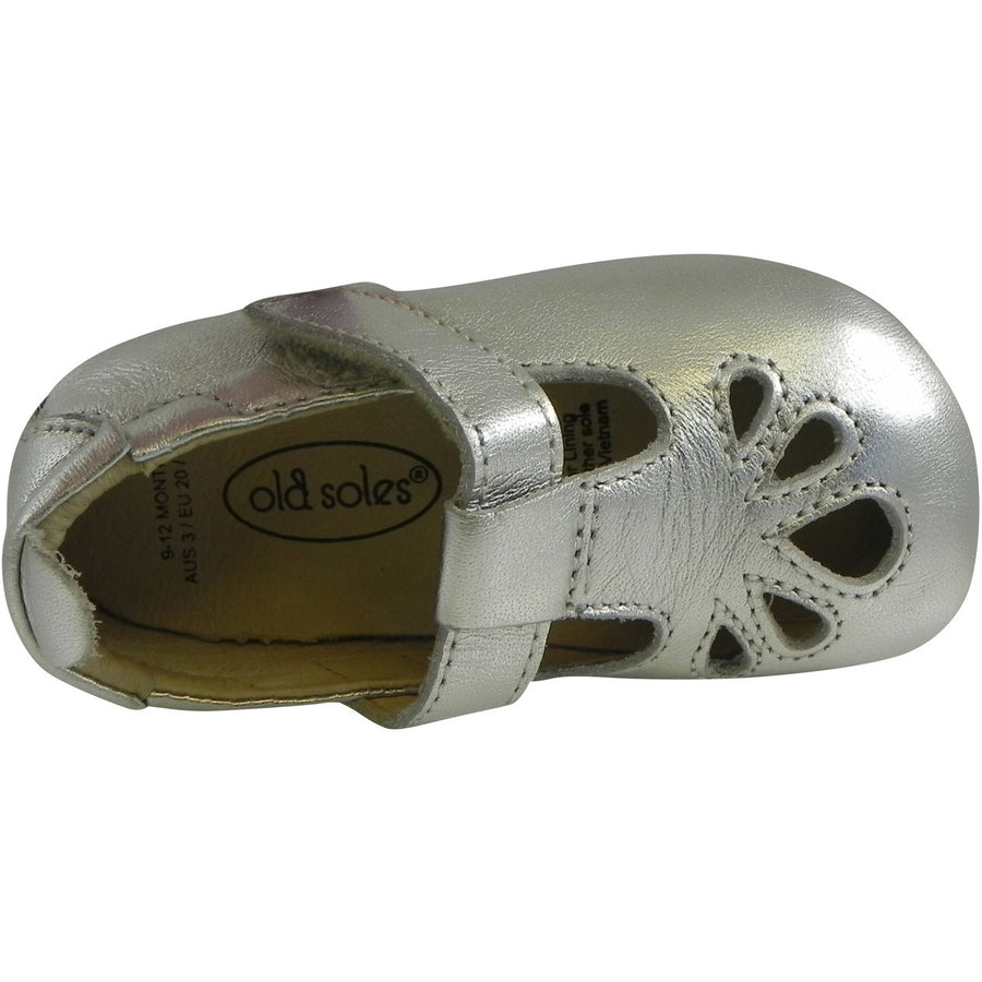 Old Soles Girl's 053 T-Petal Silver Leather T-Strap Mary Jane Flat