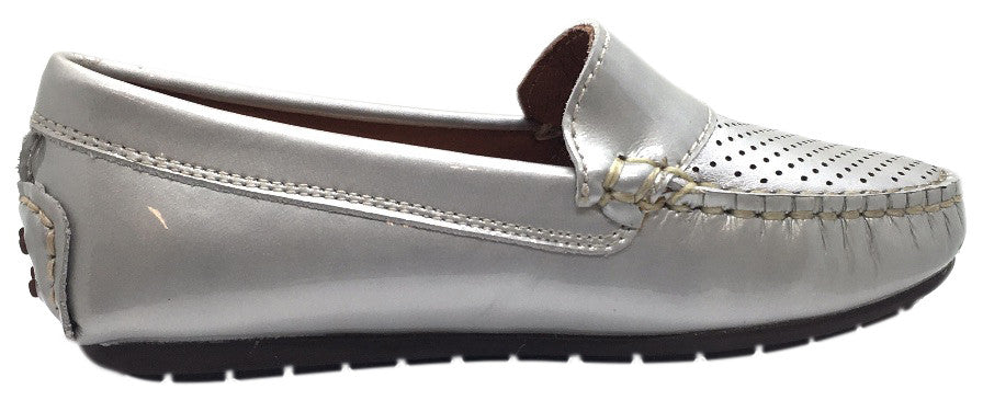 Venettini Girl's & Boy's Dilin Silver Bright Patent Leather Perforated Upper Slip On Moccasin Loafer