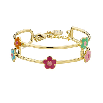 Little Miss Twin Stars 14K Gold Plated Multi Color Enamel Flowers 2 Row Bangle