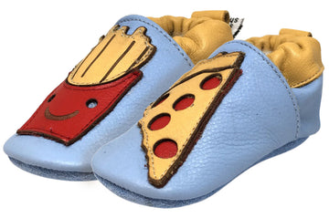 Shooshoos Boy's and Girl's McLovin Blue Soft Leather Slip On Elastic Ankle Fun French Fry Pizza Character First Walker Crib Shoe