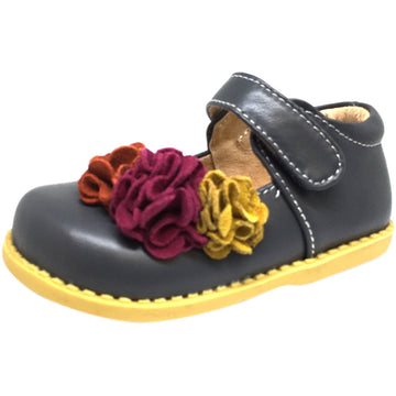 Livie & Luca Girl's Grey Dahlia Leather Suede Flower Hook and Loop Mary Jane Shoes