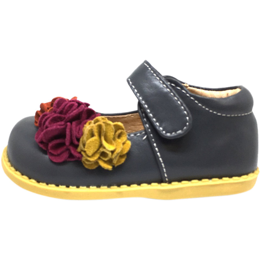 Livie & Luca Girl's Grey Dahlia Leather Suede Flower Hook and Loop Mary Jane Shoes