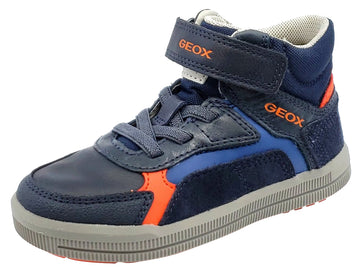 Geox Navy Grey Leather Textile Sneaker Hook and Loop Elastic Junior for Boy's