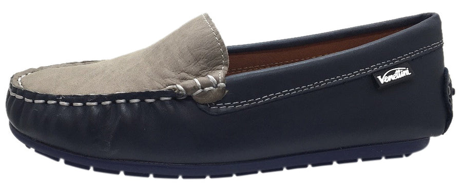Venettini Girl's & Boy's Gordy Smooth Navy Leather Grey Upper Slip On Moccasin Loafer