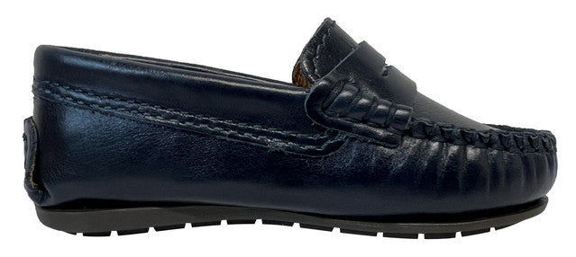 Atlanta Mocassin Boy's and Girl's Smooth Leather Penny Loafers, Blue Navy Sierra