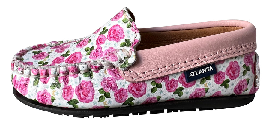 Atlanta Mocassin Girl's Roses Penny Loafers, White/Pink