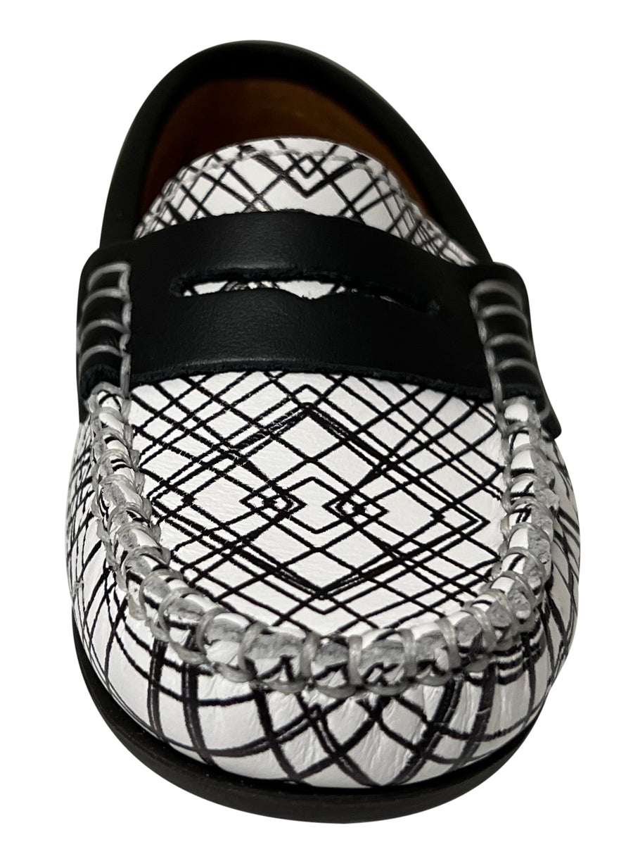 Atlanta Mocassin Boy's and Girl's Geometric Pattern Penny Loafers, White/Black Print