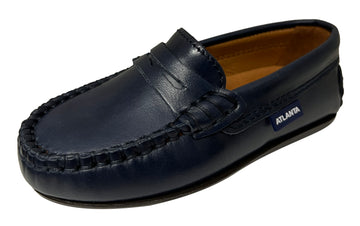Atlanta Mocassin Boy's and Girl's Smooth Leather Penny Loafers, Navy Blue Sierra Antik