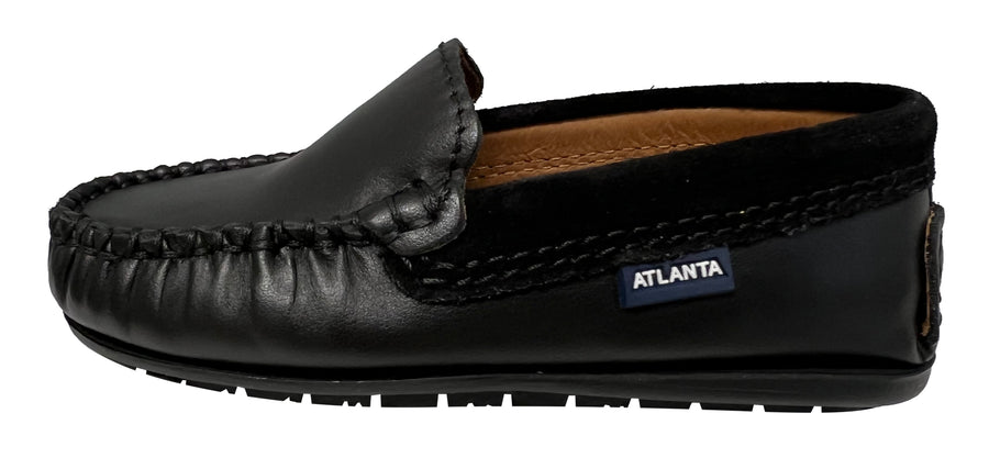 Atlanta Mocassin Boy's and Girl's Plain Vamp Leather and Suede Loafers, Black
