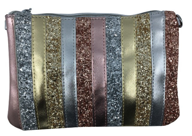 Bari Lynn Girl's Metallic Stripe Wristlet Clutch and Chain Handbag