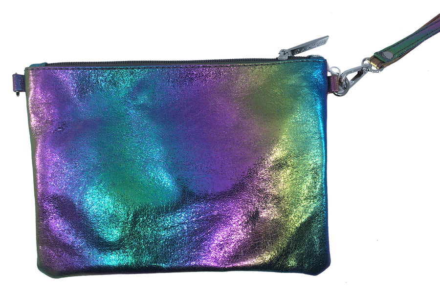 Bari Lynn Girl's Galaxy Iridescent Purple Wristlet Clutch and Chain Handbag