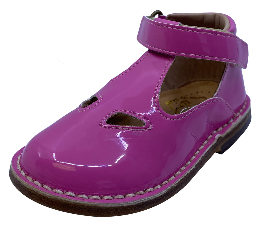 Eureka Girl's Handcrafted Due Occhi Leather T-Strap Shoes, Fuchsia Patent