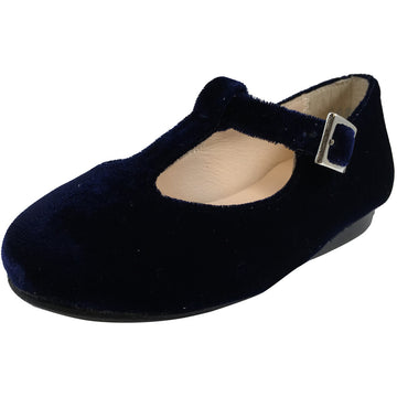 Papanatas by Eli Girl's 6427 Velvet Navy T-Strap Buckle Mary Jane Flats - Just Shoes for Kids
 - 1