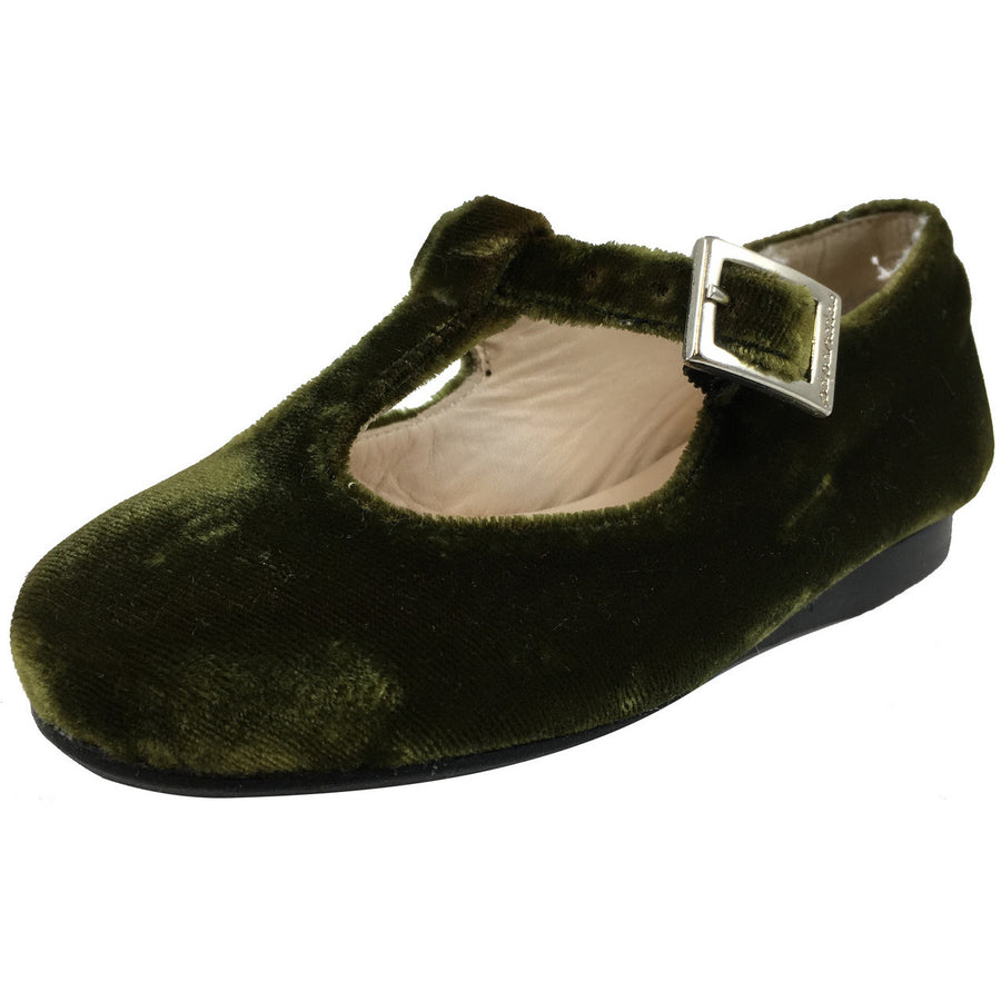 Papanatas by Eli Girl's 6427 Velvet Green T-Strap Buckle Mary Jane Flats - Just Shoes for Kids
 - 1