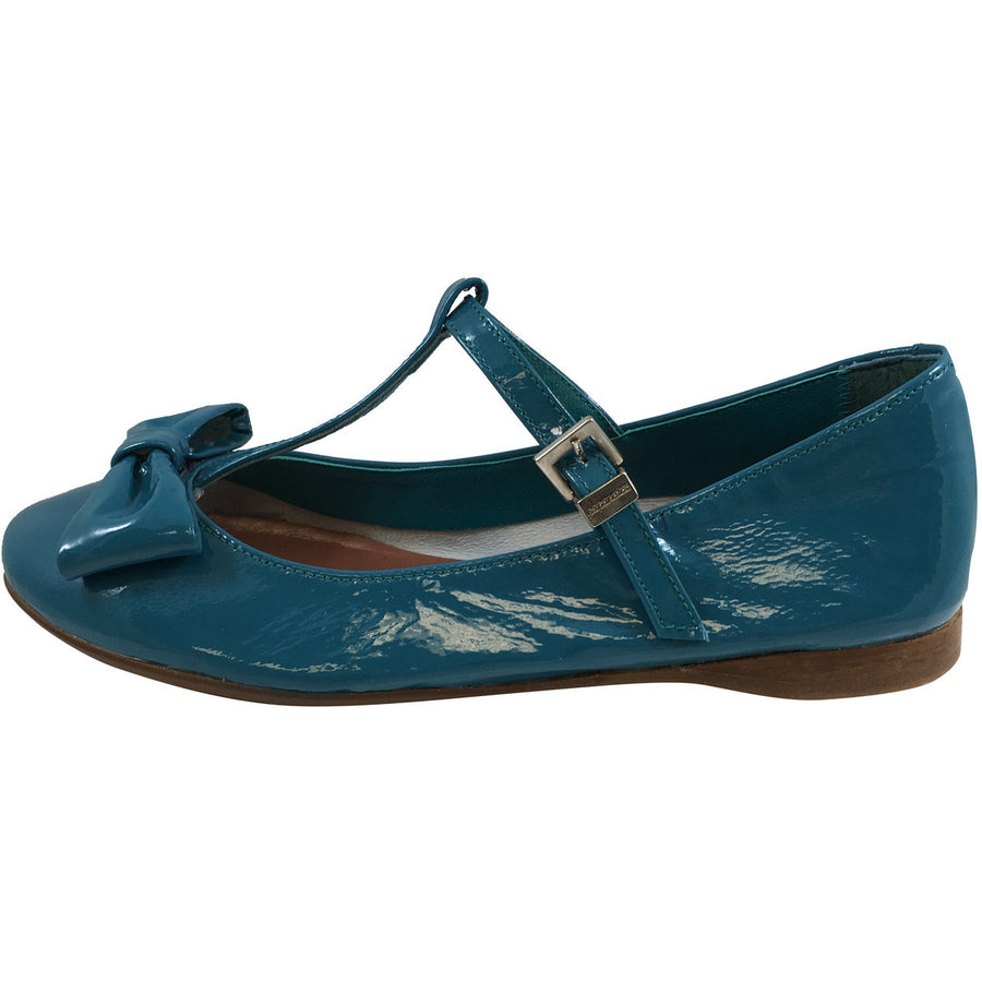 Papanatas by Eli Girl's 6574 Teal Bow Embellished Mary Janes Adjustable T-Straps Flats