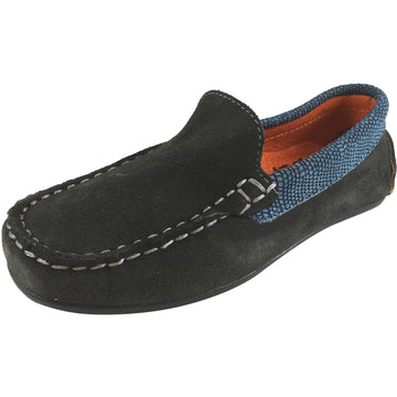 Hoo Shoes Dee's Boy's and Girl's Grey Suede Leather Lizard Trim Slip On Moccasin Shoe