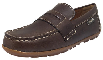 Geox Respira Boy's J Fast Coffee Smooth Leather Upper Detail Stitching Slip On Dress Moccasin Loafer Shoe