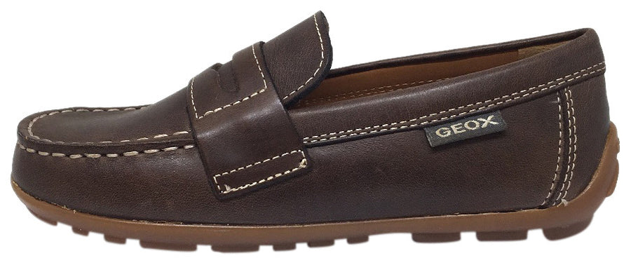 Geox Respira Boy's J Fast Coffee Smooth Leather Upper Detail Stitching Slip On Dress Moccasin Loafer Shoe