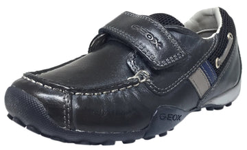Geox Respira Boy's J Snake Moc Navy Light Grey Leather Hook and Loop Strap Moc Sneaker Boat Shoe