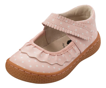 Livie & Luca Girl's Ruche Leather Hook and Loop Mary Jane Shoe, Pink Polka Dot