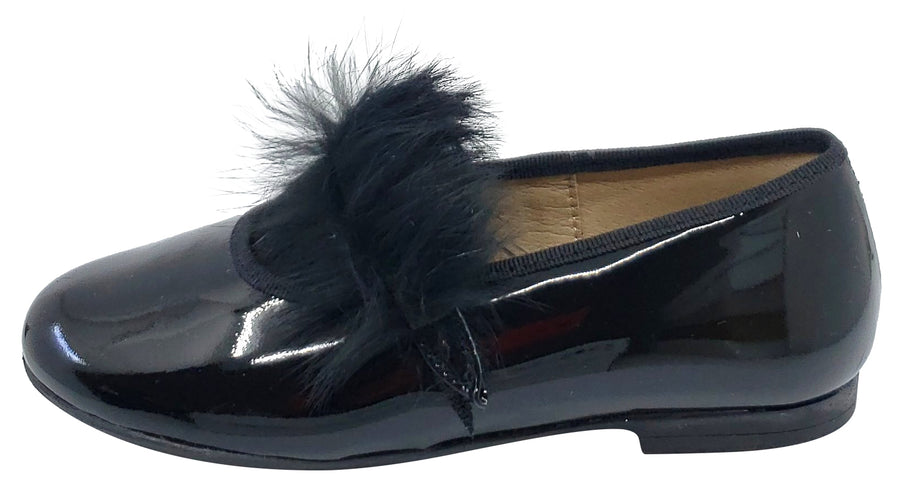 Maria Catalan Girl's Black Patent Leather Fur Detail Mary Jane