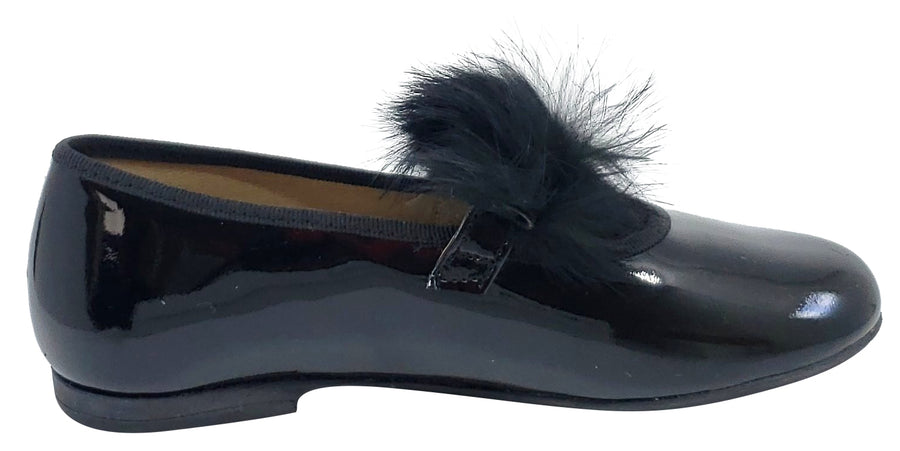 Maria Catalan Girl's Black Patent Leather Fur Detail Mary Jane