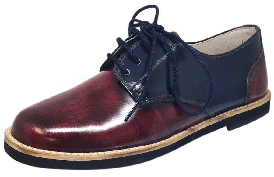 Hoo Shoes Boy's and Girl's Mark's Smooth Patent Leather Navy Burgundy Red Dual Color Lace Up Oxford Shoe