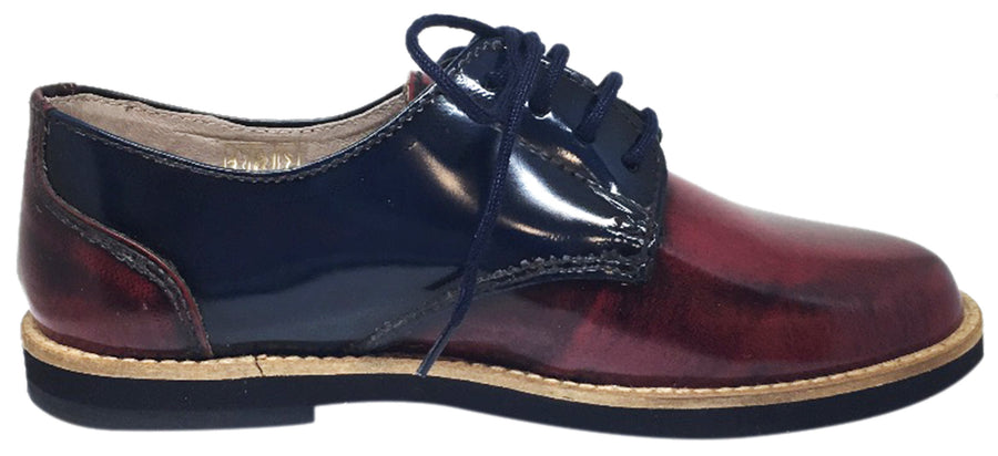 Hoo Shoes Boy's and Girl's Mark's Smooth Patent Leather Navy Burgundy Red Dual Color Lace Up Oxford Shoe