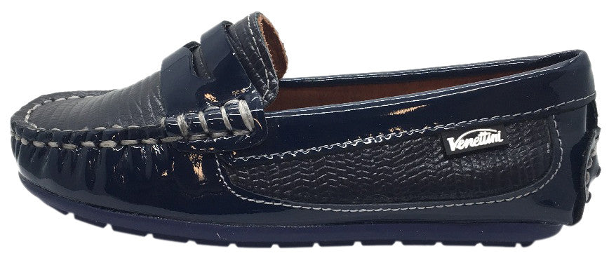 Venettini Boy's Mystic Textured Leather Patent Trim Slip On Moccasin Loafer