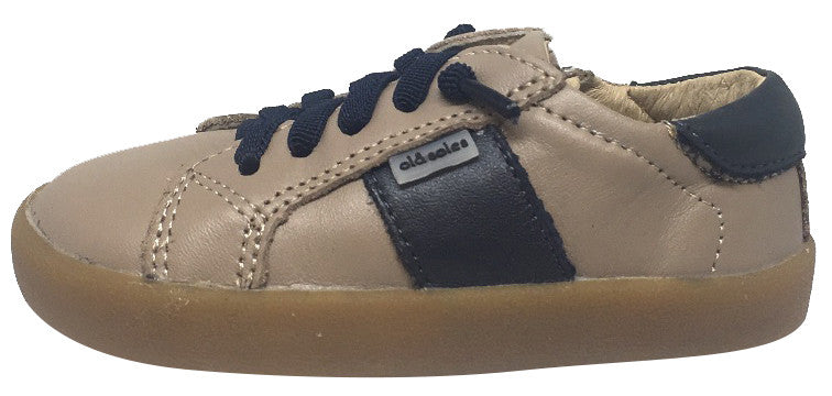 Old Soles Boy's and Girl's Legends Taupe Navy Leather Racer Stripe Elastic Lace Side Zipper Sneaker