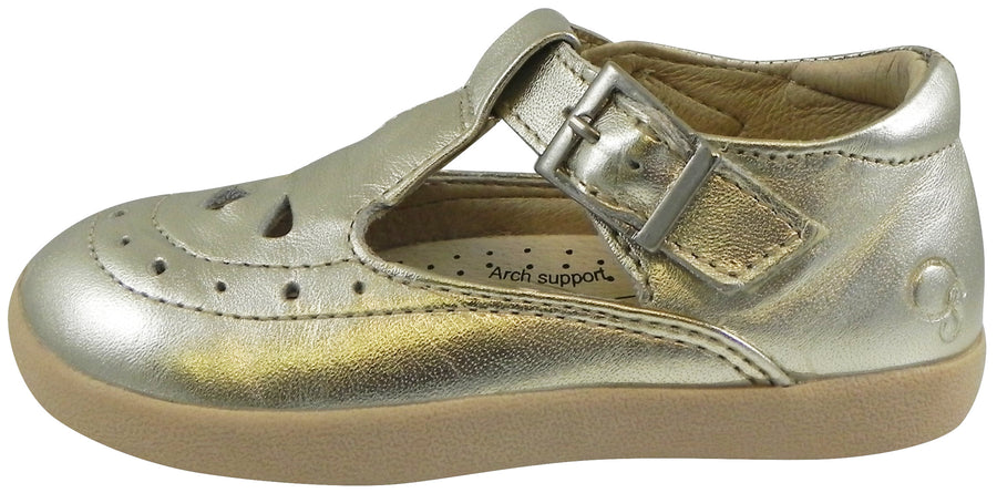 Old Soles Girl's Tea Shoe Metallic Gold Leather T-Strap Buckle Mary Jane Shoe