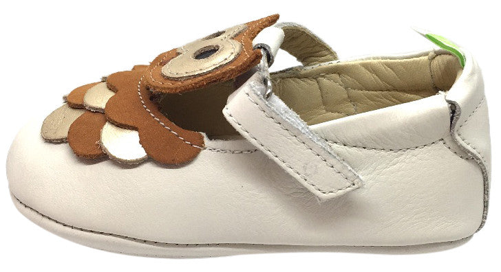 Tip Toey Joey Girl's Owlly Tapioca Ochre Cream Brown Owl Character Leather Hook and Loop T-Strap Mary Jane Flat